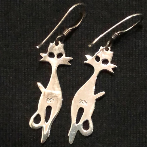 Cat dangling .925 Sterling Silver earrings - Picture 2 of 2